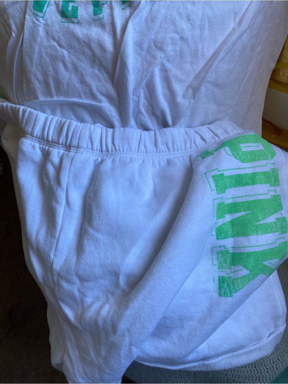 PINK VS White High Waist Shorts with Green Logo and Matching T Shirt Set
